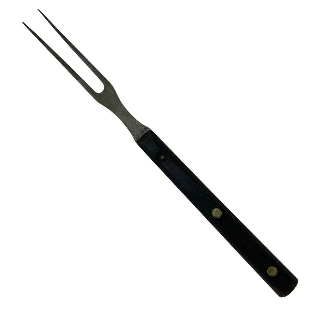 Vintage Unbranded Two Tine Carving Fork Wood Carbon Steel Brown 10.75in